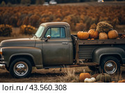 Autumn, autumn design. A large harvest of pumpkins on the back seat of a retro pickup truck, close-up. Стоковое AI-изображение, AI-художник Photojuli / Фотобанк Лори