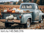 Autumn, autumn design. A large harvest of pumpkins on the back seat of a retro pickup truck, close-up. Стоковое AI-изображение, AI-художник Photojuli / Фотобанк Лори