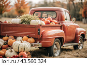 Autumn, autumn design. A large harvest of pumpkins on the back seat of a retro pickup truck, close-up. Стоковое AI-изображение, AI-художник Photojuli / Фотобанк Лори