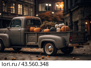 Autumn, autumn design. A large harvest of pumpkins on the back seat of a retro pickup truck, close-up. Стоковое AI-изображение, AI-художник Photojuli / Фотобанк Лори