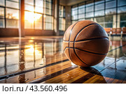 A basketball on the floor of a basketball court. The ball is in close-up. Стоковое AI-изображение, AI-художник Photojuli / Фотобанк Лори