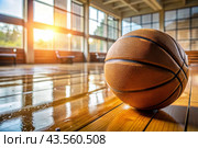 A basketball on the floor of a basketball court. The ball is in close-up. Стоковое AI-изображение, AI-художник Photojuli / Фотобанк Лори