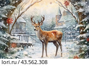 Winter scene with a deer standing against the backdrop of a snowy village landscape. A deer with beautiful branchy antlers stands in the center, surrounded by trees covered with snow. Snowflakes are falling around, creating the atmosphere of a winter fairy tale. In the background you can see ancient buildings, perhaps a church or village houses, covered with snow. New Year's decorations in the form of red snowflakes are hung on the trees. Стоковое AI-изображение, AI-художник Анна Кривицкая / Фотобанк Лори