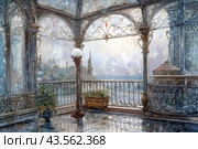 Covered terrace with elegant forged patterns on fences and columns. The terrace is open to views of the city's rooftops and building spiers, beyond which a vast horizon can be seen. The floor of the terrace is wet from the rain; reflections of fences and street lamps with round glass shades are visible on it. The setting conveys the atmosphere of calm and romance of the ancient city after the rain. Стоковое AI-изображение, AI-художник Анна Кривицкая / Фотобанк Лори