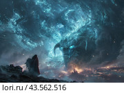 Fantastic scene: a man in a cloak stands on top of a hill and looks at a giant, luminous creature that has appeared in the night sky. The creature, which resembles a dragon with horns, is formed from cosmic energy and stars. Below you can see the illuminated city and castle, surrounded by lights, which adds drama and epicness to the picture. This image reflects an atmosphere of mysticism, magic and great power. Стоковое AI-изображение, AI-художник Анна Кривицкая / Фотобанк Лори
