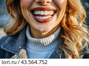 A beautiful, charming, snow-white female smile. A woman's teeth before and after whitening. The concept of dental clinics. Стоковое AI-изображение, AI-художник Photojuli / Фотобанк Лори