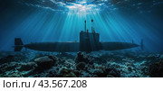 Submarine Partially Submerged in Deep Ocean Water With Sunlight Shining Through. Стоковое AI-изображение, AI-художник Юлия Гапеенко / Фотобанк Лори