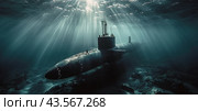 Submarine Partially Submerged in Deep Ocean Water With Sunlight Shining Through. Стоковое AI-изображение, AI-художник Юлия Гапеенко / Фотобанк Лори