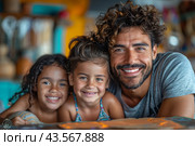 Happy Family Portrait With Two Young Girls And Their Father. Стоковое AI-изображение, AI-художник Сергей Толмачёв / Фотобанк Лори
