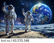 Happy Cosmonautics Day. Astronauts in a spacesuit on the moon in outer space. Spectacular view of the planet Earth. Стоковое AI-изображение, AI-художник Photojuli / Фотобанк Лори