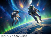 Happy Cosmonautics Day. Astronauts in a spacesuit in outer space. Spectacular view of planet Earth and the northern Lights. Стоковое AI-изображение, AI-художник Photojuli / Фотобанк Лори