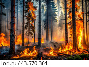 Danger. A forest fire. Bright flames. Take care of nature. Don't make bonfires in the woods. Стоковое AI-изображение, AI-художник Photojuli / Фотобанк Лори