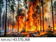 Danger. A forest fire. Bright flames. Take care of nature. Don't make bonfires in the woods. Стоковое AI-изображение, AI-художник Photojuli / Фотобанк Лори