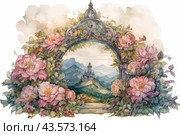 Watercolor composition, where through a decorative arch decorated with large pink and delicate flowers, a view of a fairy-tale castle located on the top of the mountain opens. The castle is surrounded by picturesque green hills and blue mountains in the background. The flowers around the arch are detailed and create an effect of splendor and beauty, making the composition especially attractive and romantic. The background is made in soft pastel colors, which emphasizes the atmosphere of magic and fantasy. Стоковое AI-изображение, AI-художник Анна Кривицкая / Фотобанк Лори