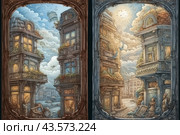 Two neighboring buildings in retro style with abundant vegetation on balconies and window sills. The architectural details are executed with great care and detail. The windows of the buildings glow with warm light, creating a cozy atmosphere. The clouds in the background add to the atmosphere of dreaminess and fantasy. The painting was made using watercolor technique, which gives it softness and lightness. Scenes of everyday life are depicted inside, making it even more attractive and lively. Стоковое AI-изображение, AI-художник Анна Кривицкая / Фотобанк Лори