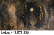 Abstract art in dark colors. In the center of the composition is a round object resembling the moon, surrounded by chaotic and dark lines and streaks of paint. The work is done in a dark expressionist style using predominantly black, brown and gray shades. The image evokes a feeling of mystery and melancholy, creating an atmosphere of the night or underground world. Стоковое AI-изображение, AI-художник Анна Кривицкая / Фотобанк Лори
