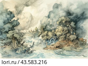 Mystical landscape made in watercolor style. The picture is filled with clouds and haze, creating an atmosphere of mystery and magic. The focus is on the river, flowing among rocks and trees, with raging waterfalls and streams. In the background you can see trees and several houses lost in the fog. The scene is filled with dramatic clouds and soft lighting, giving it the feel of a living world where nature plays a starring role. The image evokes feelings of calm and grandeur of nature. Стоковое AI-изображение, AI-художник Анна Кривицкая / Фотобанк Лори