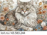 Close-up of a fluffy gray cat with large bright yellow eyes. The cat is surrounded by flowers and plants of various shades, mostly orange and blue. His long, snow-white coat flows beautifully around him, giving the impression of softness and fluffiness. The flowers surrounded by the cat are detailed and look graceful, adding to the aesthetic and artistic impact. The painting is made in a style reminiscent of watercolor and graphic techniques. Стоковое AI-изображение, AI-художник Анна Кривицкая / Фотобанк Лори