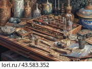 A rich and detailed still life with many antique objects and artifacts arranged on a wooden table. On the table you can see a variety of bottles, jugs, boxes, ancient instruments, maps, globes and other antique items. Attention is drawn to a large number of small details, such as coins, seals, jewelry and small mechanisms. The overall background is made in warm brown and golden tones, which gives the image a vintage and historical character. The painting is done in high resolution with an emphasis on detail and texture. Стоковое AI-изображение, AI-художник Анна Кривицкая / Фотобанк Лори