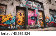 Explore a myriad of graffiti designs adorning the exterior of a building, showcasing a blend of colors, styles, and creative expressions. Стоковое AI-видео, аниматор Данила Большаков / Фотобанк Лори
