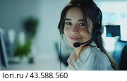 Красивая девушка оператор колл-центра за работой. Стоковое AI-изображение, AI-художник Александр Жуков / Фотобанк Лори