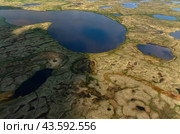 Arctic tundra in summer from an altitude of 2000 meters. Variety of colors and landscapes. The vastness of pristine nature. Shadow from clouds. Стоковое фото, фотограф Владимир Ендовицкий / Фотобанк Лори