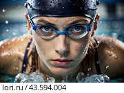 Sports swimming. Women's swim. An athlete wearing swimming glasses in a swimming pool at a close-up competition. The woman looks directly into the camera. Стоковое AI-изображение, AI-художник Photojuli / Фотобанк Лори