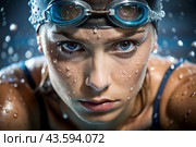 Sports swimming. Women's swim. An athlete wearing swimming glasses in a swimming pool at a close-up competition. The woman looks directly into the camera. Стоковое AI-изображение, AI-художник Photojuli / Фотобанк Лори