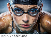 Sports swimming. Women's swim. An athlete wearing swimming glasses in a swimming pool at a close-up competition. The woman looks directly into the camera. Стоковое AI-изображение, AI-художник Photojuli / Фотобанк Лори