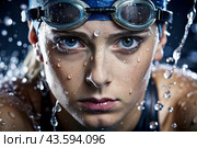 Sports swimming. Women's swim. An athlete wearing swimming glasses in a swimming pool at a close-up competition. The woman looks directly into the camera. Стоковое AI-изображение, AI-художник Photojuli / Фотобанк Лори