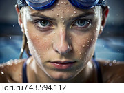 Sports swimming. Women's swim. An athlete wearing swimming glasses in a swimming pool at a close-up competition. The woman looks directly into the camera. Стоковое AI-изображение, AI-художник Photojuli / Фотобанк Лори