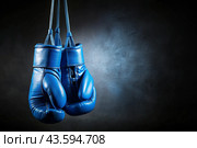 Professional blue boxing gloves hang on a black background with a space to copy. Стоковое AI-изображение, AI-художник Photojuli / Фотобанк Лори