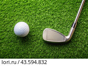A banner with a view of a green lawn, on which lies a white ball and a metal golf club. An advertisement for a golf game at a country club. Free space for text. Стоковое AI-изображение, AI-художник Photojuli / Фотобанк Лори