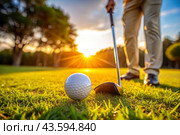 The banner. A white ball and a metal golf club are lying on the lawn in the hands of a man against the sunset background. An advertisement for a golf game at a country club. Free space for text. Стоковое AI-изображение, AI-художник Photojuli / Фотобанк Лори