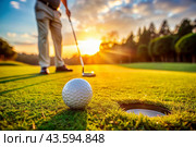 The banner. A white ball and a metal golf club are lying on the lawn in the hands of a man against the sunset background. An advertisement for a golf game at a country club. Free space for text. Стоковое AI-изображение, AI-художник Photojuli / Фотобанк Лори
