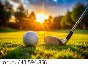The banner. A white ball and a metal golf club are lying on the lawn in the hands of a man against the sunset background. An advertisement for a golf game at a country club. Free space for text. Стоковое AI-изображение, AI-художник Photojuli / Фотобанк Лори