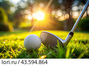 The banner. A white ball and a metal golf club are lying on the lawn in the hands of a man against the sunset background. An advertisement for a golf game at a country club. Free space for text. Стоковое AI-изображение, AI-художник Photojuli / Фотобанк Лори