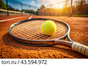 There is a yellow tennis ball and a tennis racket on the dirt court. A summer sport. Great tennis. Стоковое AI-изображение, AI-художник Photojuli / Фотобанк Лори