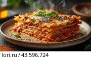 Traditional lasagna made with minced beef Bolognese sauce and bechamel sauce topped with basil leaves, steam, tasty. space for text. Italian Cuisine concept. Стоковое AI-изображение, AI-художник Ирина Михайличенко / Фотобанк Лори