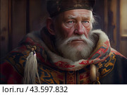 An elderly man with a thick gray beard and mustache. He is dressed in a traditional Russian caftan, decorated with rich embroidery and ornaments. He has a warm hat on his head and a fur cape on his shoulders. The man's face is serious and concentrated, his eyes look into the distance. The background of the picture is made in warm, muted colors, creating an atmosphere of comfort and tranquility. Стоковое AI-изображение, AI-художник Анна Кривицкая / Фотобанк Лори