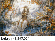 A girl with long blond hair sitting on the shore of a pond in the autumn forest. She is dressed in a long white dress and holds a bowl in her hands. There is an autumn atmosphere around her with yellow and orange leaves, trees and calm water. The painting is made in the Art Nouveau style using soft and warm tones, creating a feeling of calm and harmony. Стоковое AI-изображение, AI-художник Анна Кривицкая / Фотобанк Лори