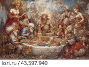 Fantasy banquet scene with the participation of various mythological and fairy-tale characters. The central place is occupied by a muscular king, surrounded by elders, warriors, women and creatures with unusual appearance. All characters are dressed in rich and extravagant clothes. The table is bursting with a variety of dishes and drinks, creating an atmosphere of abundance and celebration. The picture is full of details, giving it a fabulous and mythical atmosphere. Стоковое AI-изображение, AI-художник Анна Кривицкая / Фотобанк Лори