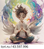 Cute fairy boy with pointy ears sitting in lotus position and meditating. The boy has long, tousled hair and looks calm and peaceful. A multi-colored glow shines around it, creating a magical and fantastic atmosphere. Next to him is a small fantastic creature that resembles a dragon. Playing cards are scattered around, adding illusory and fabulousness to the scene. The image is made in soft pastel colors and has bright accents. Стоковое AI-изображение, AI-художник Анна Кривицкая / Фотобанк Лори