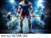 Weightlifting competitions. The athlete takes a lot of weight of the barbell. The sport of the Summer Olympic Games. Стоковое AI-изображение, AI-художник Photojuli / Фотобанк Лори