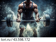 Weightlifting competitions. The athlete takes a lot of weight of the barbell. The sport of the Summer Olympic Games. Стоковое AI-изображение, AI-художник Photojuli / Фотобанк Лори