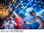 Fencers in the arena with rapiers in their hands during training are fighting a duel. Sports fencing. Fencing is a type of Summer Olympic Games. Стоковое AI-изображение, AI-художник Photojuli / Фотобанк Лори