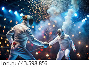 Fencers in the arena with rapiers in their hands during training are fighting a duel. Sports fencing. Fencing is a type of Summer Olympic Games. Стоковое AI-изображение, AI-художник Photojuli / Фотобанк Лори