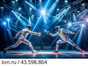 Fencers in the arena with rapiers in their hands during training are fighting a duel. Sports fencing. Fencing is a type of Summer Olympic Games. Стоковое AI-изображение, AI-художник Photojuli / Фотобанк Лори