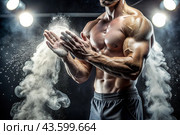 Weightlifting competitions. The athlete processes his hands with chalk before taking a lot of weight. A sport at the Summer Olympics. Стоковое AI-изображение, AI-художник Photojuli / Фотобанк Лори