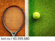 A yellow tennis ball and a tennis racket are lying on the lawn. A summer sport. Great tennis. Стоковое AI-изображение, AI-художник Photojuli / Фотобанк Лори